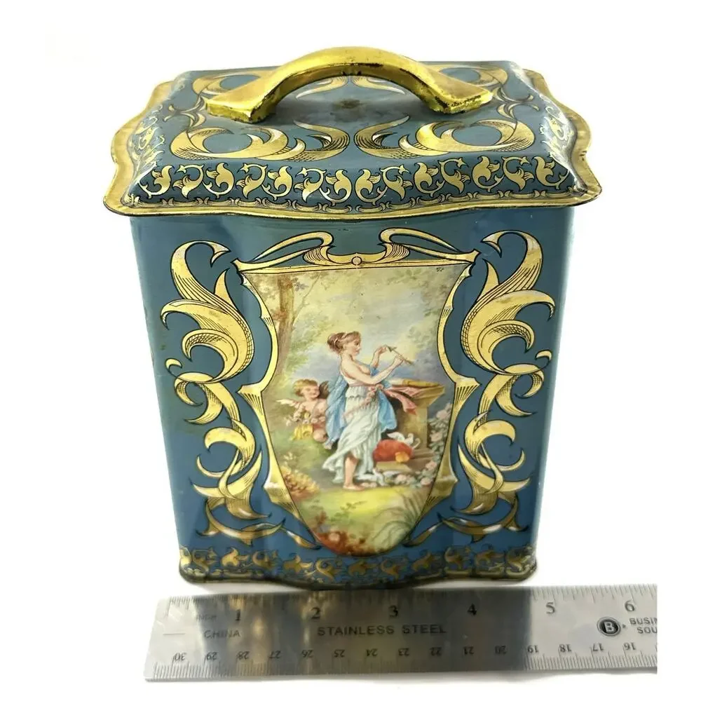 Vintage Ciftea Tea Tin Made in England Blue Gold Victorian Scenes Canister w/Lid